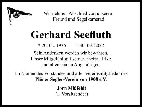 Traueranzeige von Gerhard Seefluth von Kieler Nachrichten