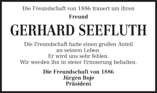 Traueranzeige von Gerhard Seefluth von Kieler Nachrichten