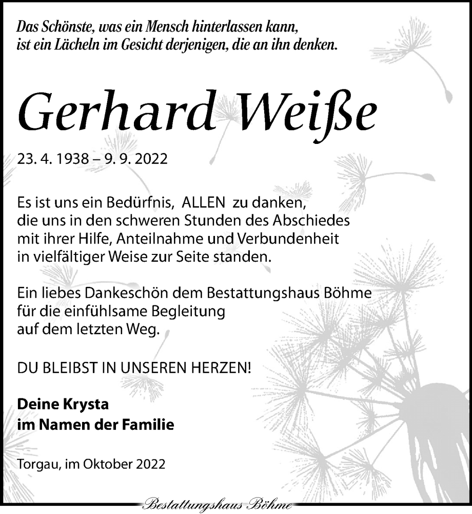  Traueranzeige für Gerhard Weiße vom 15.10.2022 aus Torgauer Zeitung