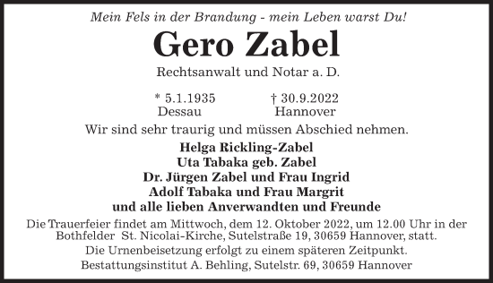 Traueranzeige von Gero Zabel von Hannoversche Allgemeine Zeitung/Neue Presse