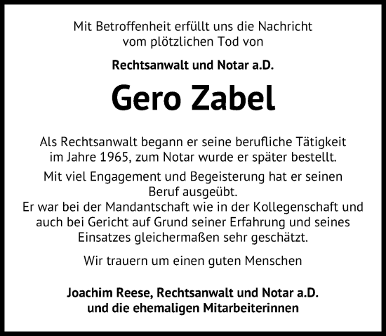 Traueranzeige von Gero Zabel von Hannoversche Allgemeine Zeitung/Neue Presse