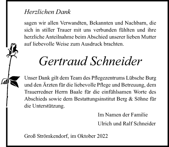Traueranzeige von Gertraud Schneider von Ostsee-Zeitung GmbH