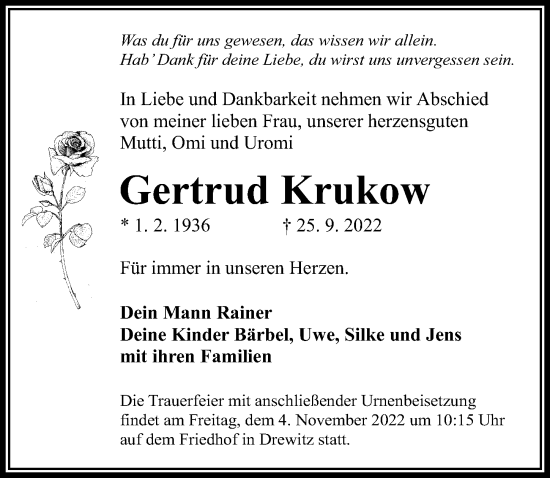 Traueranzeige von Gertrud Krukow von Märkischen Allgemeine Zeitung
