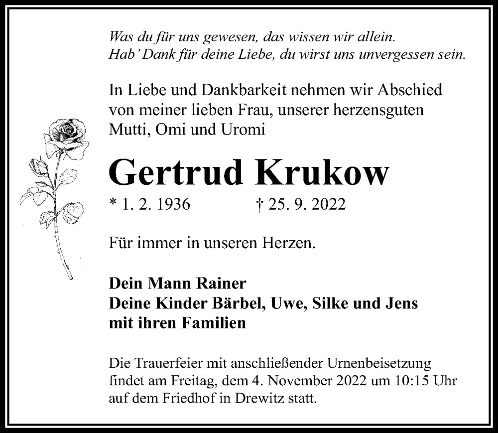  Traueranzeige für Gertrud Krukow vom 01.10.2022 aus Märkischen Allgemeine Zeitung