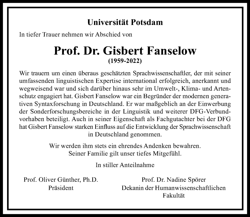  Traueranzeige für Gisbert Fanselow vom 01.10.2022 aus Märkischen Allgemeine Zeitung