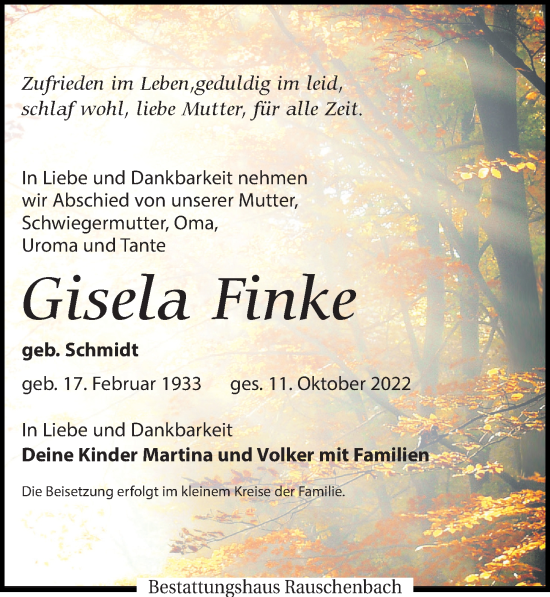 Traueranzeige von Gisela Finke von Leipziger Volkszeitung