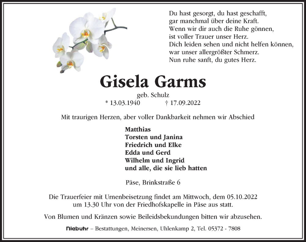  Traueranzeige für Gisela Garms vom 01.10.2022 aus Aller Zeitung