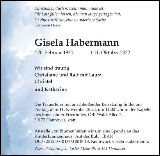 Traueranzeige von Gisela Habermann von Hannoversche Allgemeine Zeitung/Neue Presse