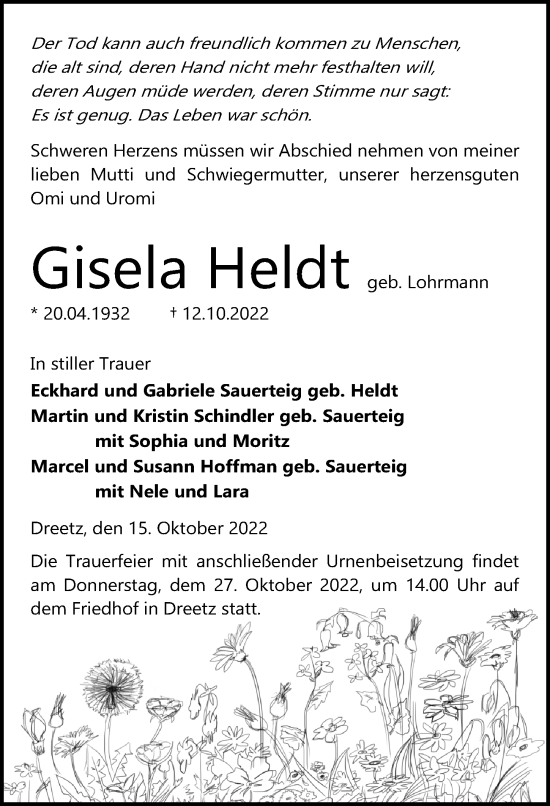 Traueranzeige von Gisela Heldt von Märkischen Allgemeine Zeitung