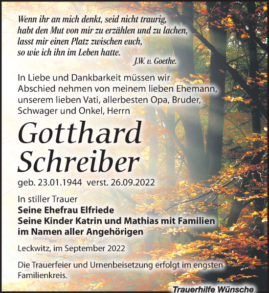 Traueranzeige von Gotthard Schreiber von Leipziger Volkszeitung