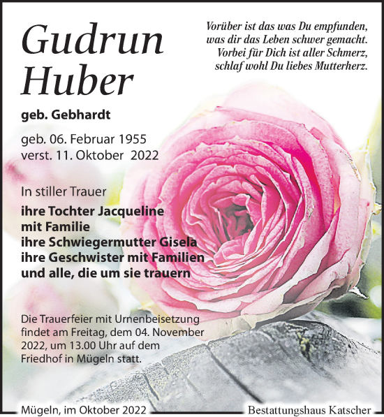 Traueranzeige von Gudrun Huber von Leipziger Volkszeitung