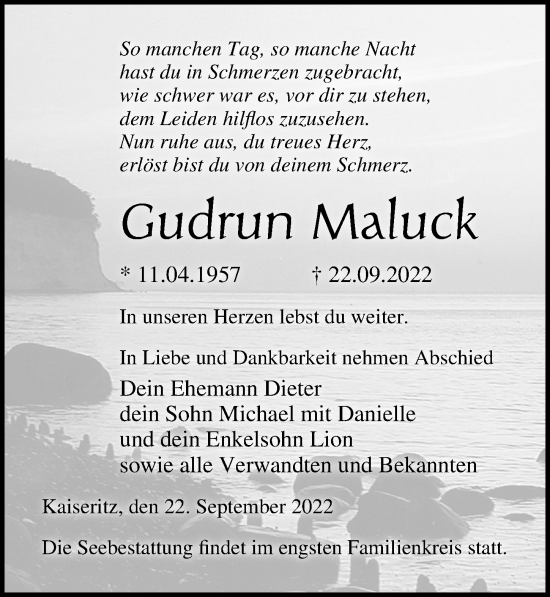 Traueranzeige von Gudrun Maluck von Ostsee-Zeitung GmbH
