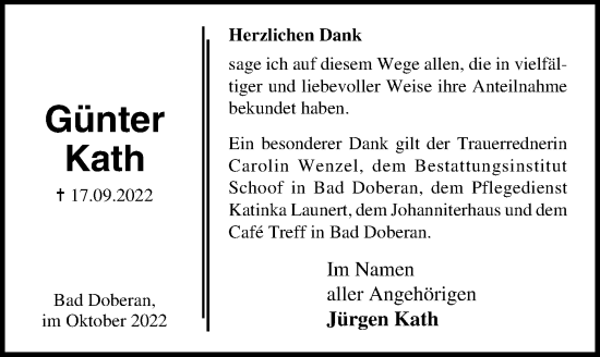Traueranzeige von Günter Kath von Ostsee-Zeitung GmbH