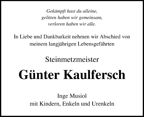 Traueranzeige von Günter Kaulfersch von Ostsee-Zeitung GmbH