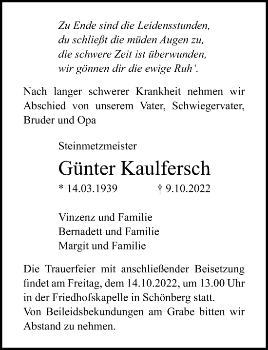 Traueranzeige von Günter Kaulfersch von Ostsee-Zeitung GmbH