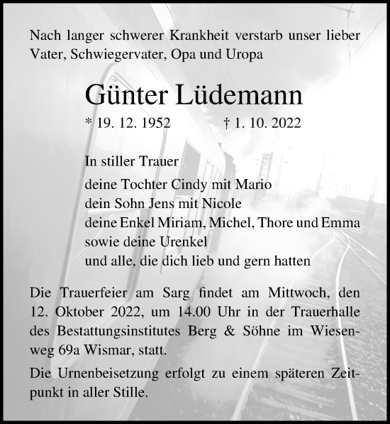Traueranzeige von Günter Lüdemann von Ostsee-Zeitung GmbH