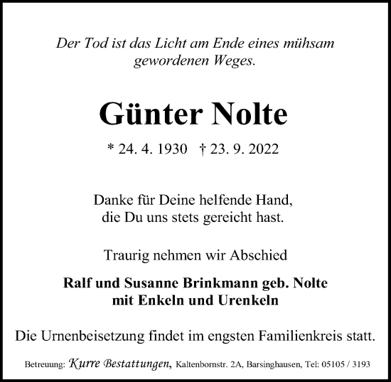Traueranzeige von Günter Nolte von Hannoversche Allgemeine Zeitung/Neue Presse
