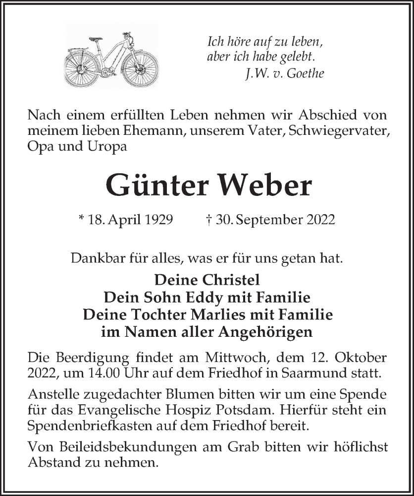  Traueranzeige für Günter Weber vom 08.10.2022 aus Märkischen Allgemeine Zeitung