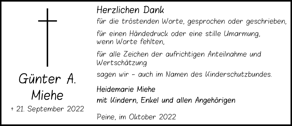  Traueranzeige für Günter A. Miehe vom 29.10.2022 aus Peiner Allgemeine Zeitung