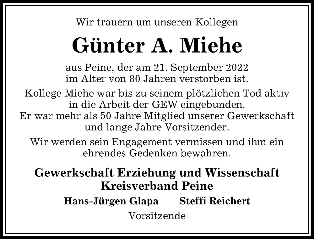  Traueranzeige für Günter A. Miehe vom 06.10.2022 aus Peiner Allgemeine Zeitung