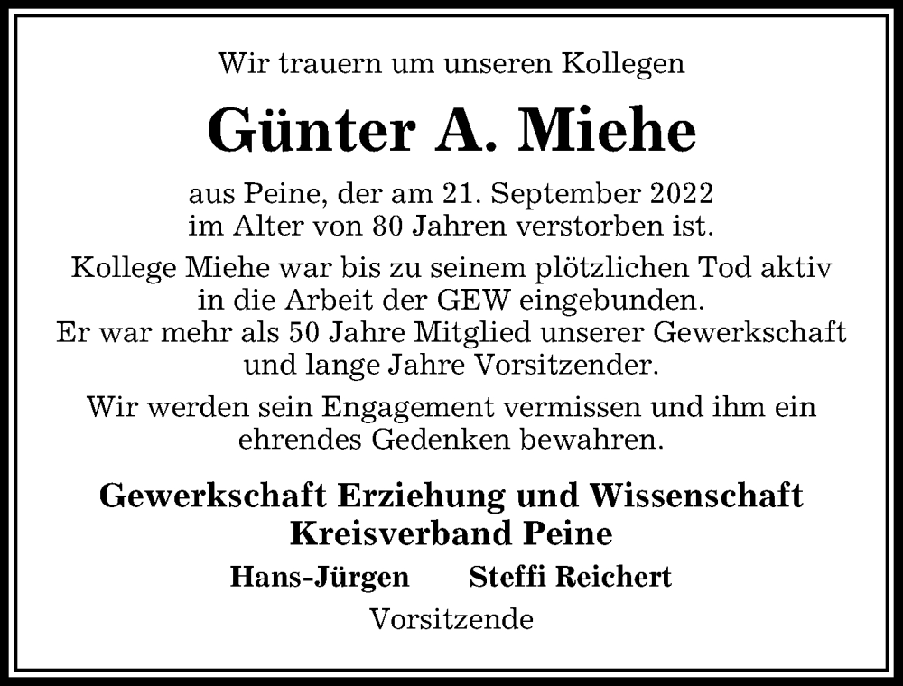  Traueranzeige für Günter A. Miehe vom 05.10.2022 aus Peiner Allgemeine Zeitung