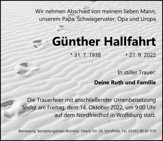 Traueranzeige von Günther Hallfahrt von Aller Zeitung