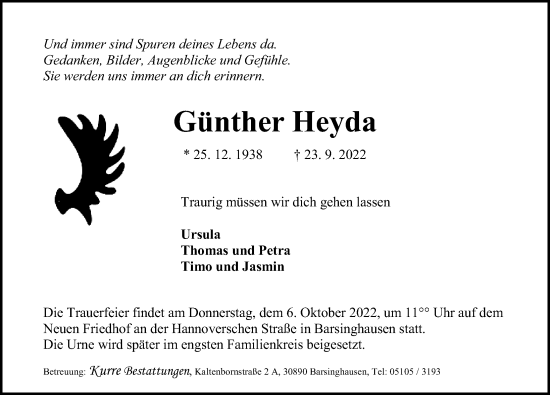Traueranzeige von Günther Heyda von Hannoversche Allgemeine Zeitung/Neue Presse