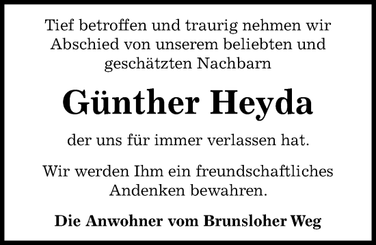 Traueranzeige von Günther Heyda von Hannoversche Allgemeine Zeitung/Neue Presse