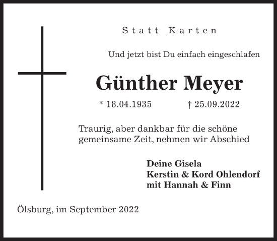 Traueranzeige von Günther Meyer von Peiner Allgemeine Zeitung
