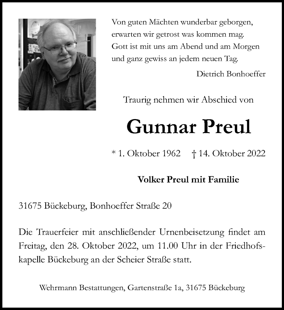  Traueranzeige für Gunnar Preul vom 22.10.2022 aus Schaumburger Nachrichten