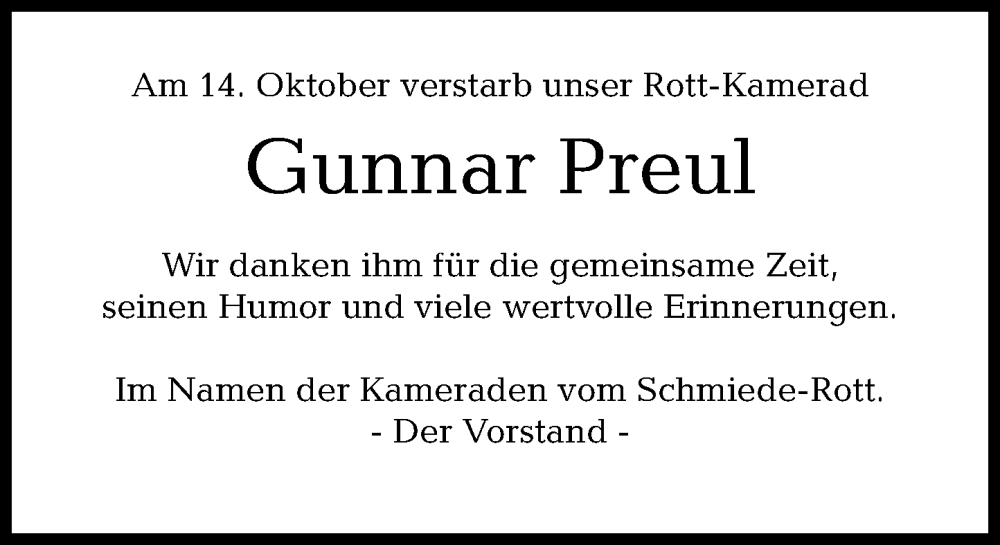  Traueranzeige für Gunnar Preul vom 28.10.2022 aus Schaumburger Nachrichten