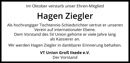 Traueranzeige von Hagen Ziegler von Peiner Allgemeine Zeitung