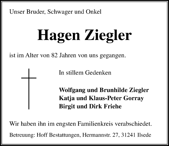 Traueranzeige von Hagen Ziegler von Peiner Allgemeine Zeitung