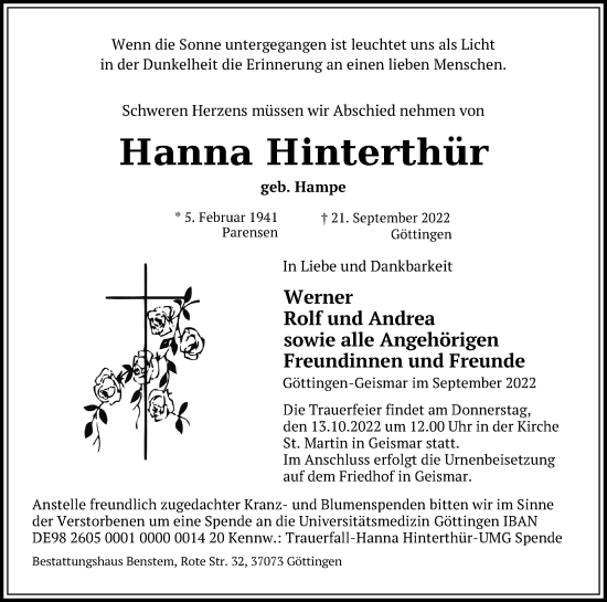 Traueranzeige von Hanna Hinterthür von Göttinger Tageblatt