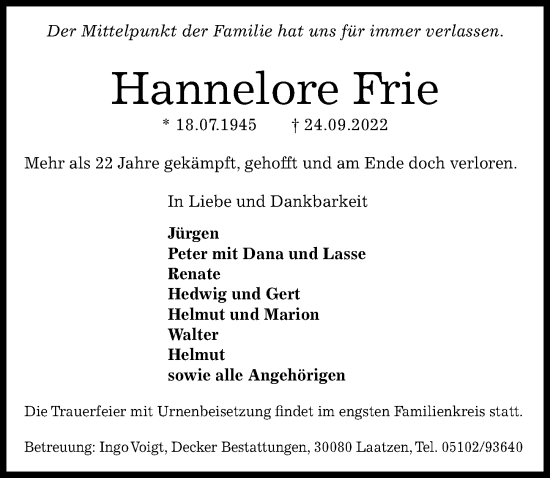 Traueranzeige von Hannelore Frie von Hannoversche Allgemeine Zeitung/Neue Presse