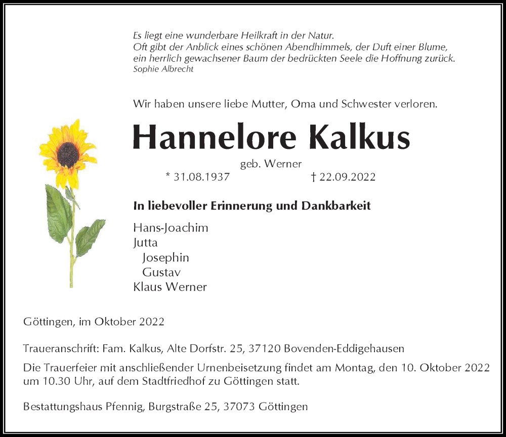  Traueranzeige für Hannelore Kalkus vom 01.10.2022 aus Göttinger Tageblatt