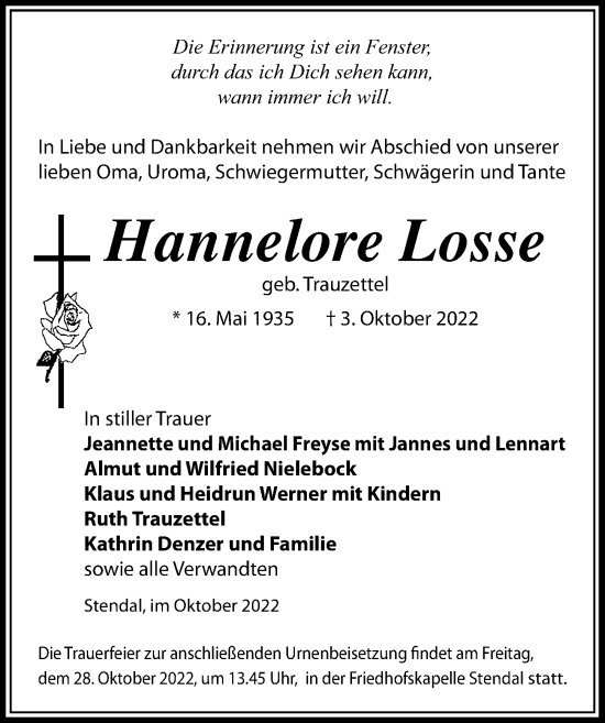 Traueranzeige von Hannelore Losse von Leipziger Volkszeitung