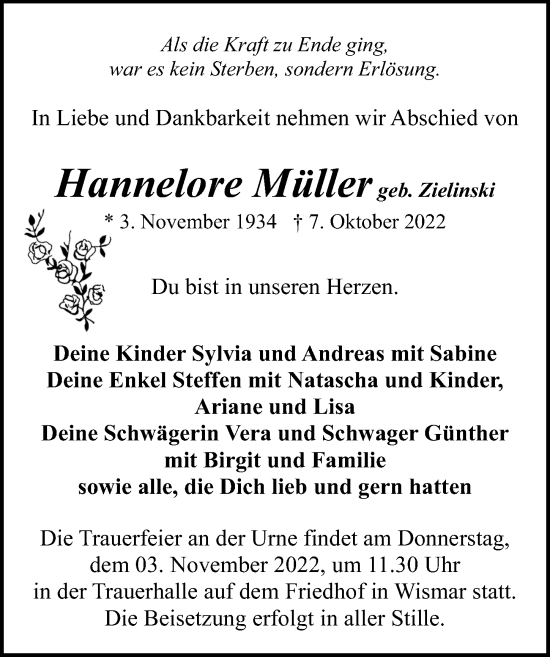 Traueranzeige von Hannelore Müller von Ostsee-Zeitung GmbH