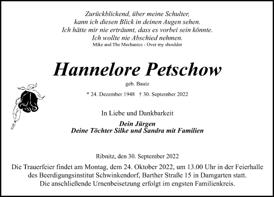 Traueranzeige von Hannelore Petschow von Ostsee-Zeitung GmbH