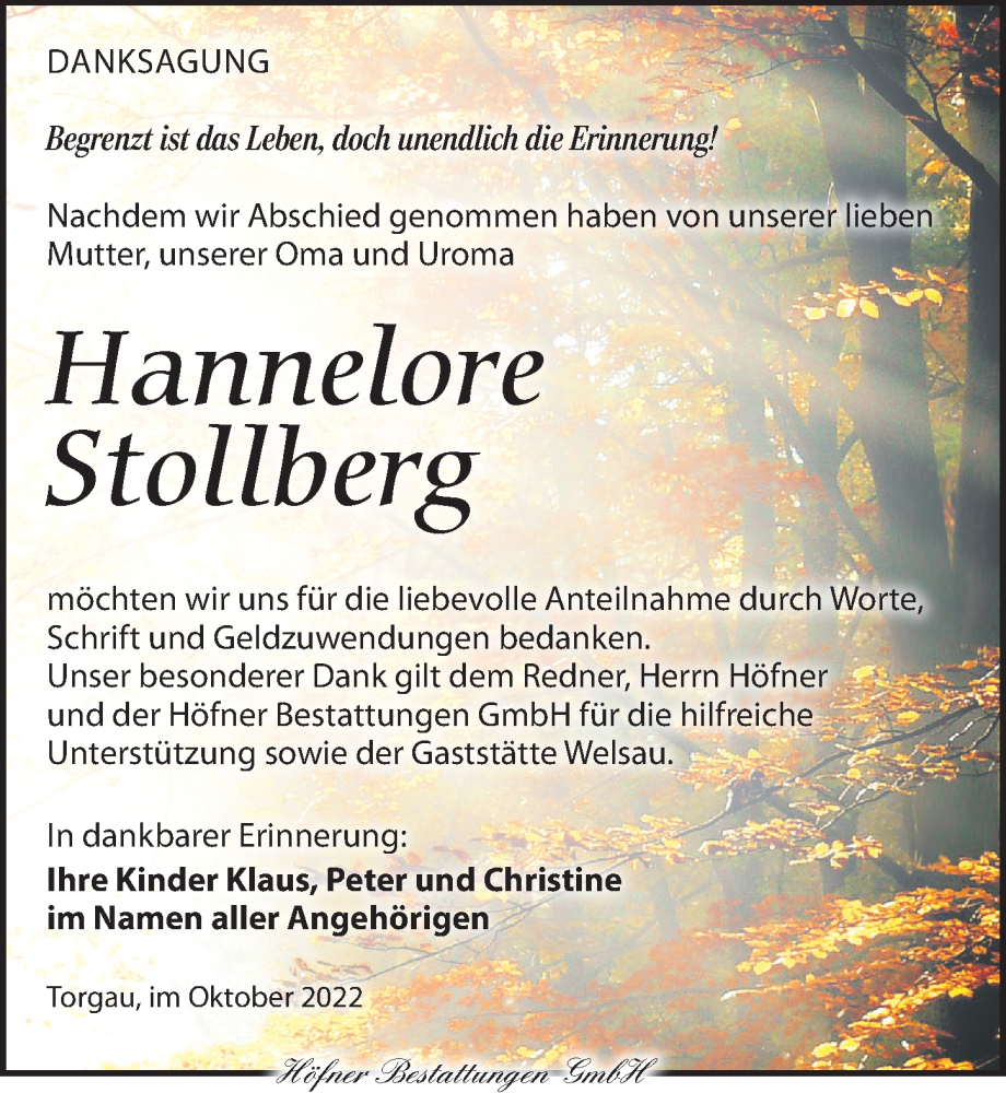  Traueranzeige für Hannelore Stollberg vom 15.10.2022 aus Torgauer Zeitung