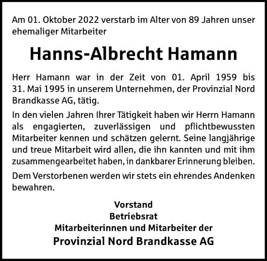 Traueranzeige von Hanns-Albrecht Hamann von Kieler Nachrichten