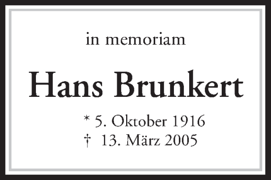 Traueranzeige von Hans Brunkert von Kieler Nachrichten