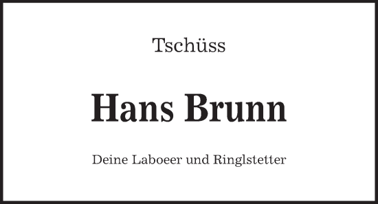 Traueranzeige von Hans Brunn von Kieler Nachrichten