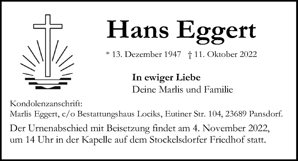  Traueranzeige für Hans Eggert vom 22.10.2022 aus Lübecker Nachrichten
