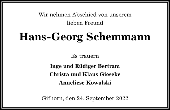 Traueranzeige von Hans-Georg Schemmann von Aller Zeitung