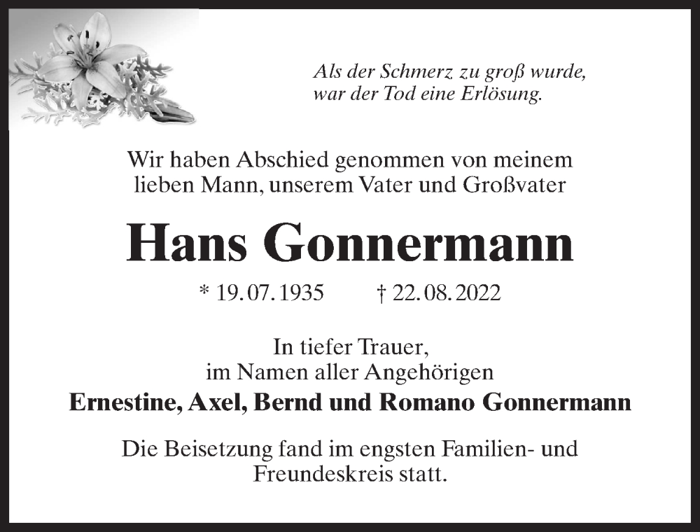  Traueranzeige für Hans Gonnermann vom 08.10.2022 aus Märkischen Allgemeine Zeitung