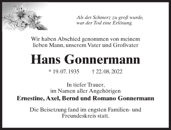 Traueranzeige von Hans Gonnermann von Märkischen Allgemeine Zeitung