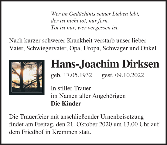 Traueranzeige von Hans-Joachim Dirksen von Märkischen Allgemeine Zeitung