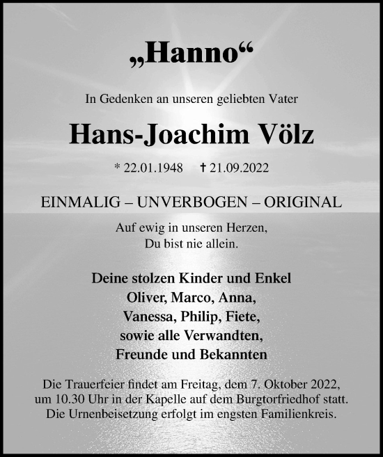 Traueranzeige von Hans-Joachim Völz von Lübecker Nachrichten