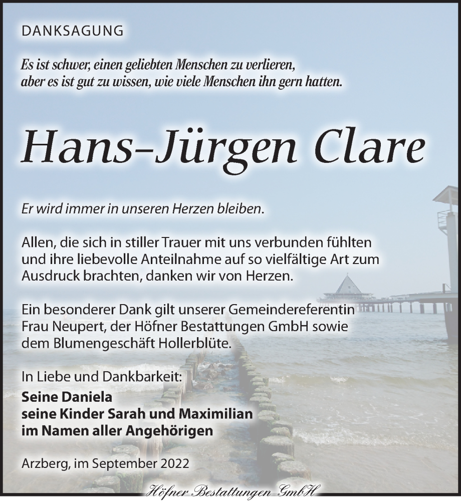  Traueranzeige für Hans-Jürgen Clare vom 01.10.2022 aus Torgauer Zeitung